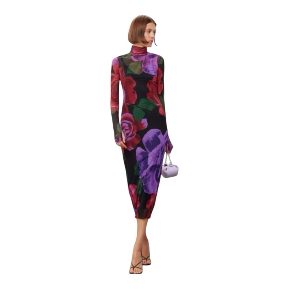AFRM Shaileen Midi Dress Turtleneck Long Sleeve Floral Sheer Power Mesh Size XS
